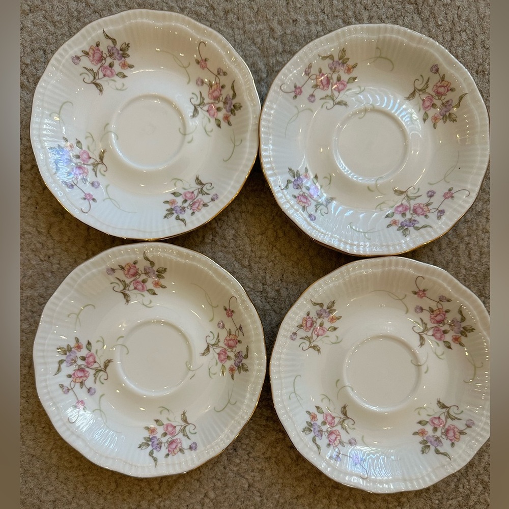 Walbrzych Elegant White & Pink Floral Porcelain Small Plates Poland Set of 4